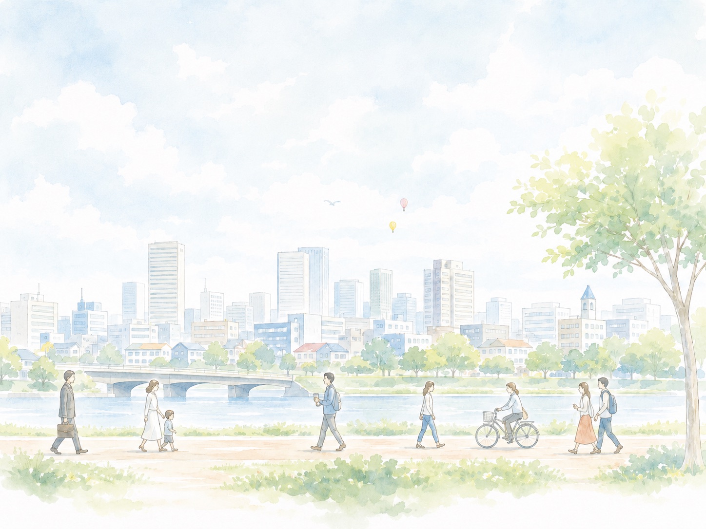 川沿いの道を歩く人々と、その向こうに広がる街並みを描いた水彩イラスト